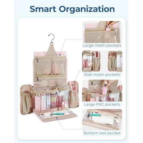 BAGSMART Travel Toiletry Bag, Extra Large Full-open Hanging Toiletry Bag for Women, Puffy Cosmetic Makeup Bag Organizer with Handle for Accessories, Essentials, Toiletries (Brown)