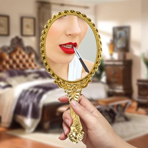 Vintage Handheld Mirror with Handle, Gold Embossed Floral (2 Pack)