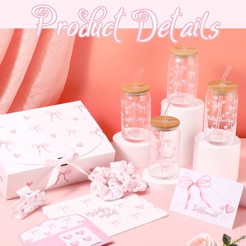 Meanplan 48 Pcs Bridesmaid Proposal Gift Box Set Bridal Shower Favor Wedding Bride Bachelorette Party Return Gift, Glass Cup Cosmetic Bag Scrunchies Hairpin Invited Card Envelope (Matron of Honor)