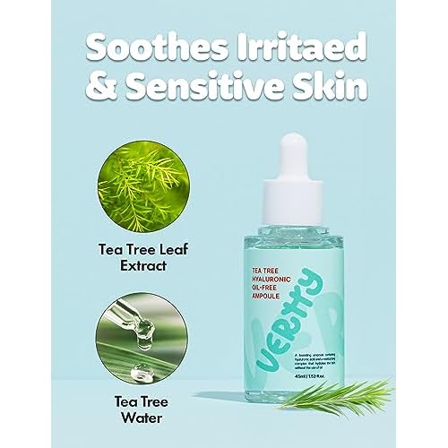 Vertty Tea Tree Hyaluronic Oil Free Ampoule | Hydrating, Moisturizing, Redness Relief Serum | Blemish Skin Corrector Serum | Non-Comedogenic Moisturizer for face | Long-lasting Hydration (1.5oz)