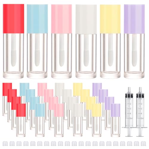 50pcs 2.5ml Empty Lip Gloss Containers Lip Gloss Tubes with Wand Cute 0.08oz Clear Refillable Lipgloss Making Supplies Kit for DIY Makeup+ 2pcs Syringes