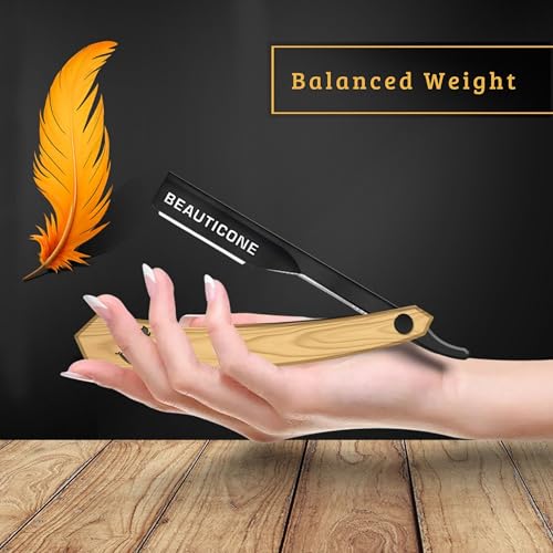 BEAUTICONE Straight Razors for Men, Professional Barber Razors, Premium Straight Edge Razor, Shaving Knife, Shavette, Stainless Steel, Wooden Handle, With PU Leather Case