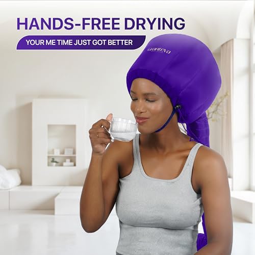 Granteva Purple Bonnet Hair Dryer Attachment with Headband - Diffuser Cap for Curly Hair, Heat Reduction & Faster Drying