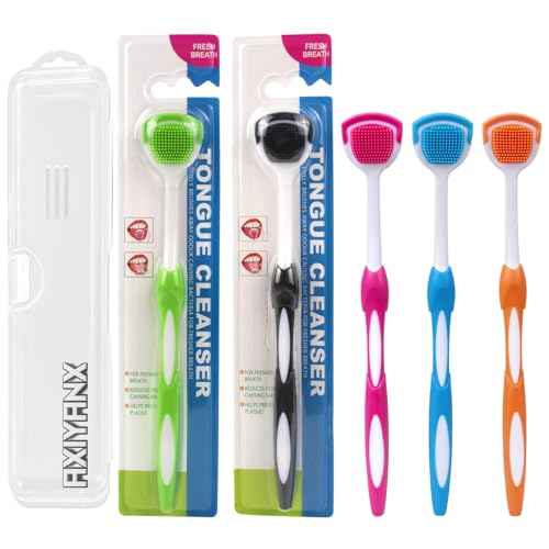 e Scraper and Brush for Adults, 5-Pack with Travel Case, Micro Bristle Tongue Cleaner (5 Colors)