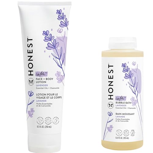 The Honest Company Lavender Calm Foaming Bubble Bath + Hydrating Face + Body Lotion Bundle | Naturally Derived, Tear-Free, Hypoallergenic | 12 fl oz, 8.5 fl oz