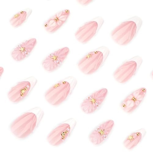 Medium Almond Press On Nails | Nude Pink 3D Floral French Tips