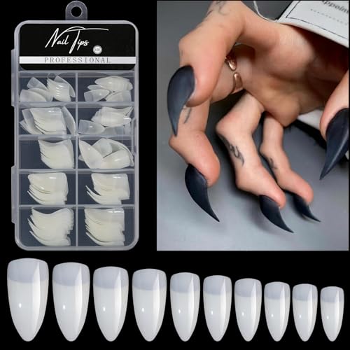 200PCS Medium Stiletto Nail Tips,10 Sizes Artificial Press on Nail Tips Halloween Style Natural Stiletto False Eagle Claw Art for Nail Salons (Natural&Transparent)