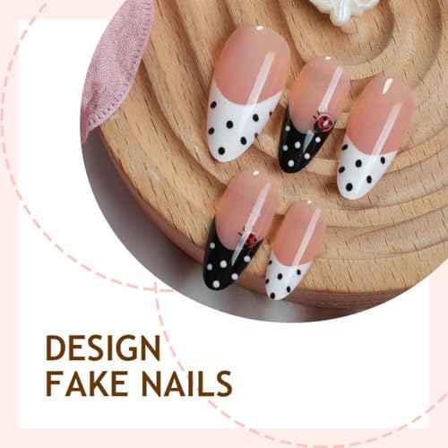 Polka Dot Press on Nails Medium Almond Nails Press on with Insects Bugs Design Glossy Black White French Tips Glue on Nails Reusable Full Cover Dots Nail Fall Winter Fake Nail for Women Manicure 24Pcs