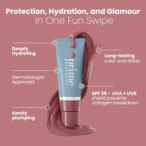 PRIME PROMETICS PrimeLip SPF 35 Lip Oil for Mature Women ? UVA & UVB Shield ? Intense, Long-Lasting Hydration ? Vibrant Color & Non-Sticky, Shiny Gloss (Nude Rose)