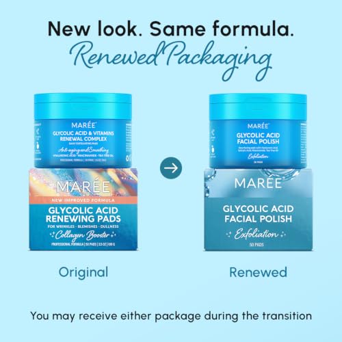 MAREE Glycolic Acid Toner Pads - Exfoliating Face Pads for Clear Skin, 50 Count, Blue
