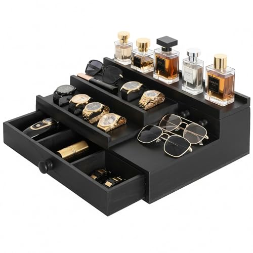 Cologne Organizer for Men,Solid Wood Cologne Stand with Drawer and Hidden Compartments, Cologne Shelf,Dresser Organizers,Organizador de Perfumes,Perfume Stand Organizer for Bedroom,Black