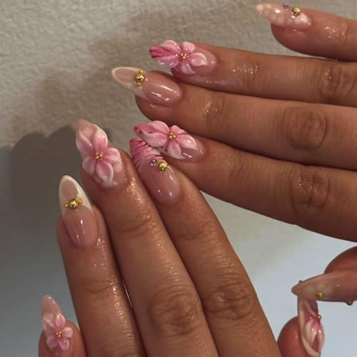 Medium Almond French Tip Press on Nails with 5D Flower Design - 24 Pcs