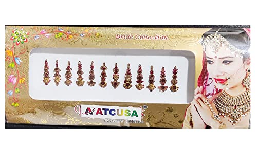 Multicolored Crystal Bindi Bridal face Jewels Forehead Tika Indian Bindis for women bindi Indian multicolor round long small gold (Long 12 Bindi - Dark Red (maroon))