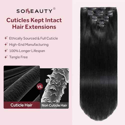 Clip in Hair Extensions Real Human Hair, Jet Black 100% Human Hair Extensions Clip in, Tangle-free Silky Straight Hair Extensions for Women, #1 16Inch 120G 7PCS
