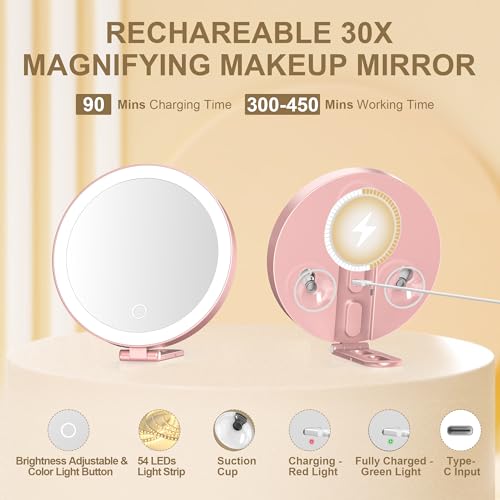 Mocado 30X Magnifying Lighted Makeup Mirror - Rose Gold, 6" Large Surface, Suction Cup