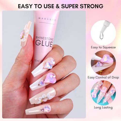 Makartt Nail Charms Rhinestone Glue Kit 15ml Gel Nail Glue with 100PCS Pink Rhinestone Gems 3D Nail Art Decor with Tweezer Acrylic Nail Supply for Nail Techs DIY Nail Decorations Gift