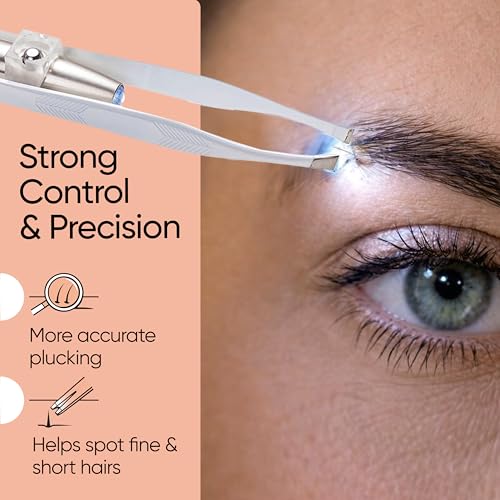 Sensica Eyebrow Tweezers with Light ? LED Lighted Tweezers for Women Facial Hair ? Precision Eyebrow Plucking Slant Tip Stainless Steel Tweezer with Long Arms & 3 Extra Batteries