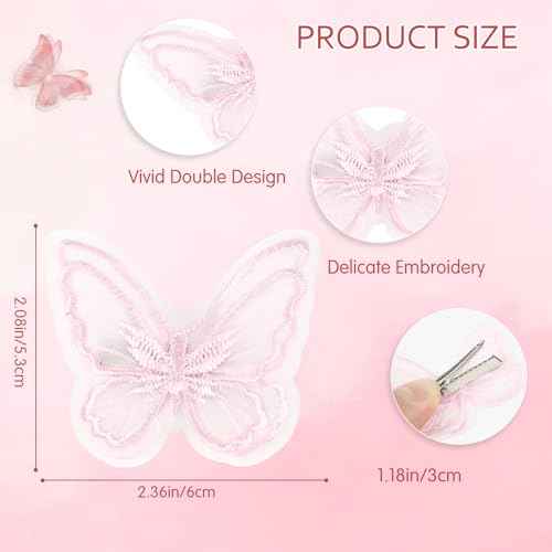 12Pcs Pink Butterfly Hair Clips, Cute Lace Embroidery Flower Butterfly Hair Bow for Women Girls Fairy Hair Accessories Halloween Christmas Party Decor (Pink)