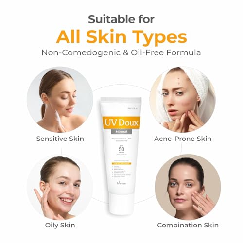 UV Doux Mineral Sunscreen SPF 50 PA+++ | Tinted, Oil-Free, Water Resistant No White Cast | Zinc & Iron Oxide | For Sensitive & Acne-Prone Skin Broad Spectrum, 100% Mineral | Men, Women 1.7oz Pack 2