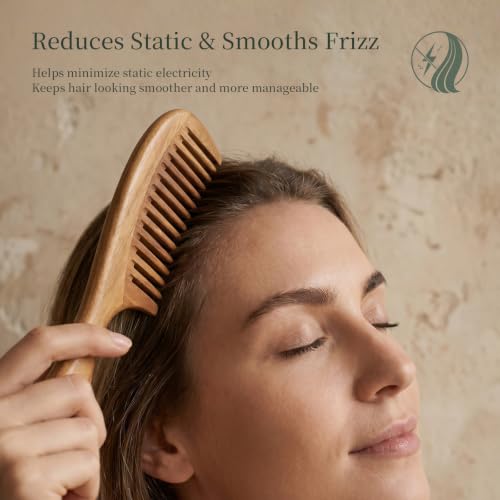 Onedor Green Sandalwood Wide Tooth Hair Comb - Natural Anti-Static Wooden Detangler