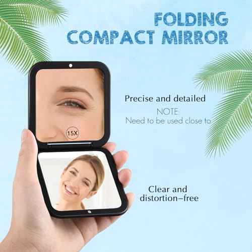 Geetery Travel Compact Magnifying Mirror with Tweezers, 1X/15X Magnification, 3.35'' x 3.35'' Pocket Size, Folding Makeup Mirror, Portable for Travel and Purses (Black)