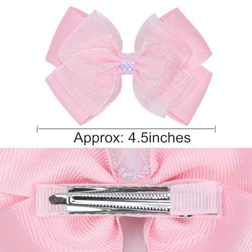 Glitter 4.5-Inch Hair Bows Organza Alligator Clips, Sequin Delicate Double Silver Thread Woven Mesh Hair Accessories for Girls, Toddler, Kids and Women Birthday Wedding - Set of 2 (Light Pink)