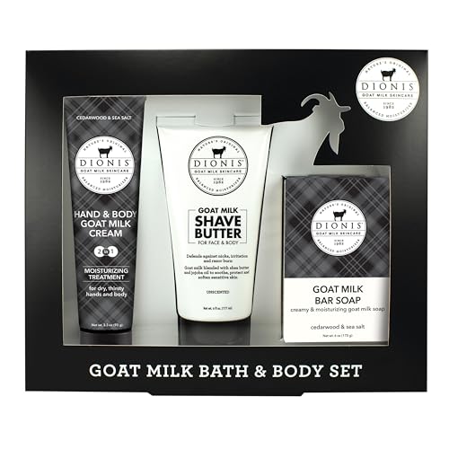 Dionis Goat Milk Cedarwood & Sea Salt Shave Butter, Hand & Body Lotion, and Bar Soap Bath & Body 3-Piece Gift Set