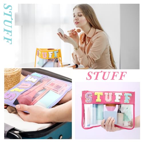 Nuanchu 9 Pcs Clear Stuff Pouch for Travel & Makeup, Chenille Letter Bags PVC Waterproof Snack Bag, Cosmetic Pouch Preppy Gifts for Women Vacation