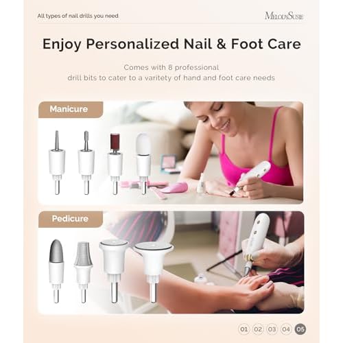 MelodySusie Professional Manicure Pedicure Kit, Cordless 8-in-1 Electric Nail Drill with 20 Speeds, Rechargeable E-File for Thick Nails & Cuticles, Ideal Foot Care for Women Men-PC650E