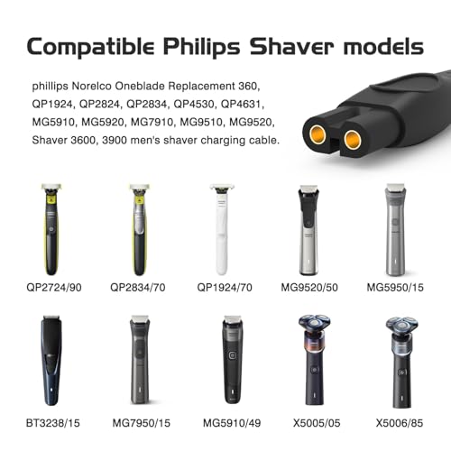 5V Charger Cord for Philips One Blade QP2724 QP2834, MG7910 MG5910 MG9510, 2000 2400 3600 Series Norelco X3001 S3341 S5880 S3243 S7887 X3052 Electric Shaver USB Cable[2-Pack]
