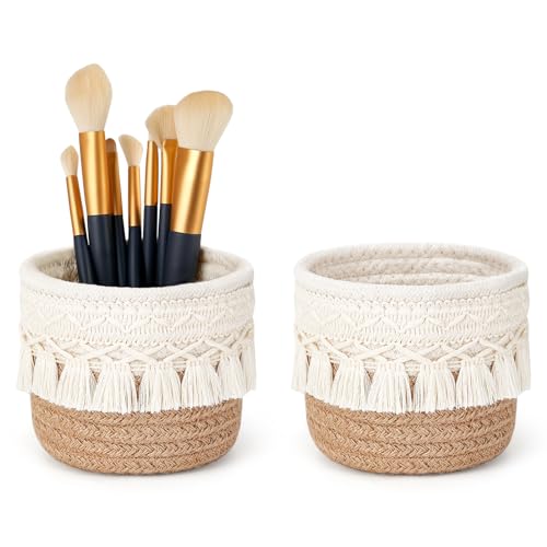 Mkono Macrame Makeup Brush Holder, Set of 2 - 3.9" Mini Boho Baskets