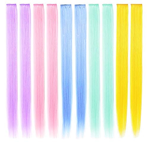 Colored Hair Extensions, 12 PCS Lavender Hairpieces for Women Highlighted Colorful Straight Clip in Hair Extensions Party Costumes Hair Pieces for Girls Dolls, 21 inch