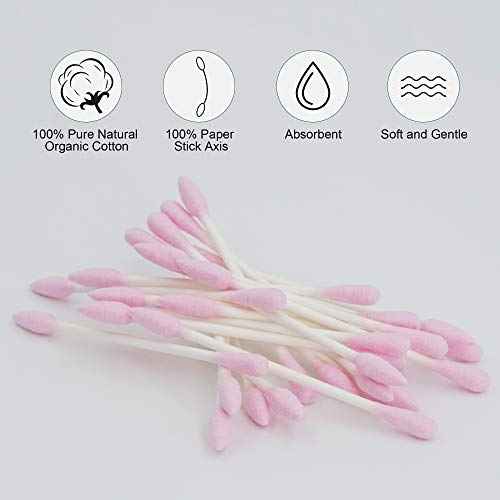 Pink Cotton Swabs Precision Pointed - 200 Count Pointy Organic Cotton Double Side Tightly Wrapped Cotton Tips Paper Stick Soft Gentle Lint-Free Cruelty-Free, Pointy & Round (Pink)
