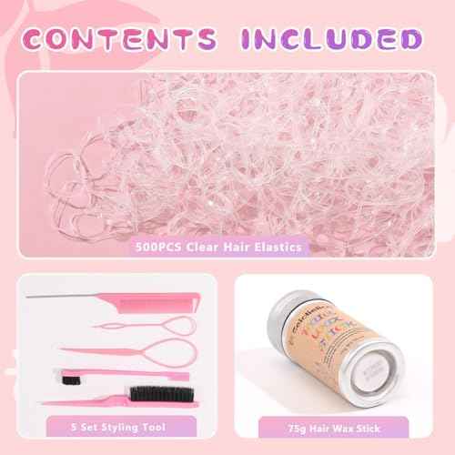Hair Wax Stick Accessories, 500 PCS Clear Hair Elastics for Kids Women, 3 Pcs Hair Brush for Girls, 2 Hair Loop Styling Tools