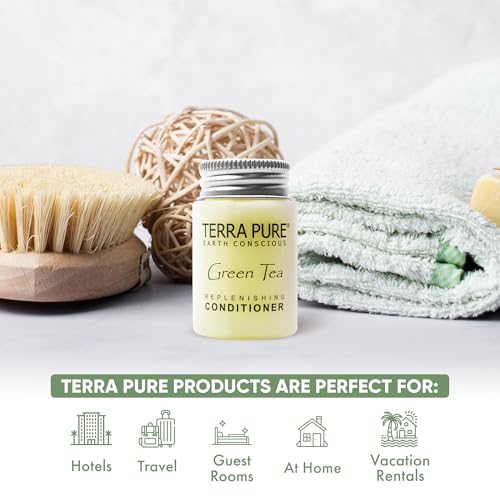 Travel Size Hotel Conditioner 20 Count 1 oz Bottles Guest Amenities for Hotels Vacation Rentals and Short Term Rentals Paraben Free Green Tea Scent Infused with Aloe and Olive Oil by Terra Pure