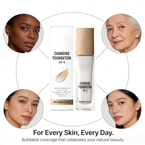 Color-Changing Foundation Makeup - Lightweight, Buildable Coverage with SPF 15 | Natural, Sweat-Resistant & Long-Lasting Wear for All Skin Tones | 30ml
