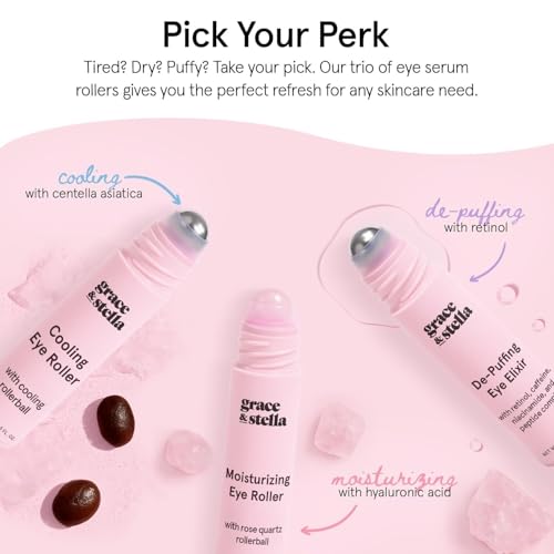 grace & stella Under Eye Brightener with Rose Quartz Rollerball - Hyaluronic Acid, Centella Asiatica & Caffeine Under Eye Serum for Dark Circles & Puffiness - Gifts for Women, Vegan (15ml / 0.51floz)