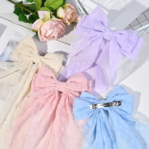 Large Hair Bows for Women,CEELGON 4 PCS Big Bow Clips for Girls French Barrette Bowknot with Long Tail for Women(Beige, Light Pink,Light Purple,Blue)