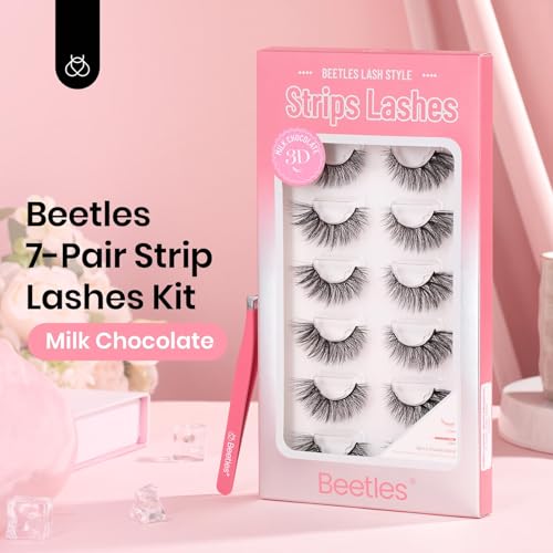 Beetles False Eyelashes Fluffy Cat Eye 7 Pairs Strip Lashes 9-18mm Length Wispy Volume Lashes C Curl 3D DIY Fake Eyelashes with Tweezer Milk Chocolate (SCM001, 9-18mm)