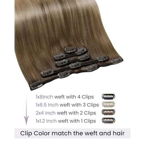 LaaVoo Clip in Hair Extensions Real Human Hair Blonde Ombre Human Hair Clip in Extensions Light Brown to Platinum Blonde Hair Extension Clip ins Silky Straight 18 Inch 5pcs/80g