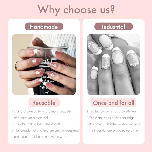 Veil Press On Nails 10pcs, Pink Cherry Blossom Gradient UV Gel/Acrylic False Nails, Elegant Floral French Tip Spring Blossom Nail Art for Women, Cute Pastel Flower Soft Glam Nail Set (Pink, M)