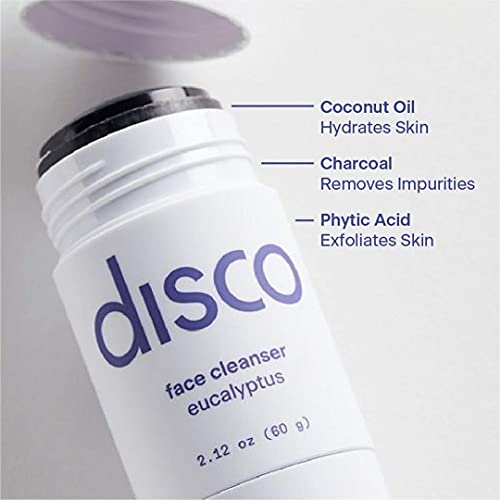 Disco Charcoal Face Cleanser Stick for Men, All-Natural, Paraben-Free Solid Wash Cooling Eucalyptus Aroma, Hydrating, Portable 2.12oz Stick Removes Dirt, Build-Up, Ideal Gym, Travel & Sensitive Skin