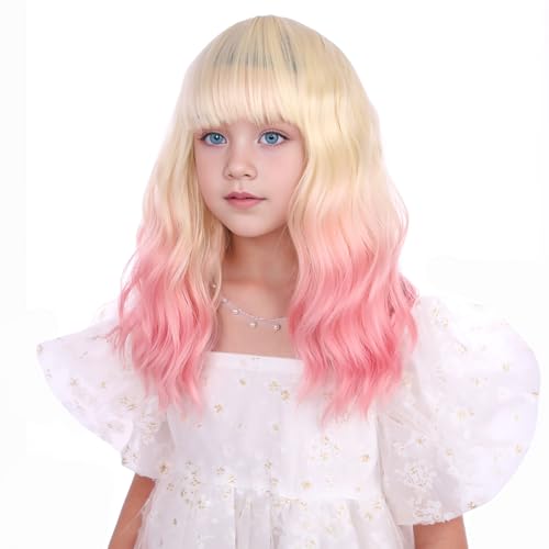 Edivd Blonde Ombre Pink Kids Wigs Short Curly Synthetic Wig with Air Bangs & Adjustable Cap