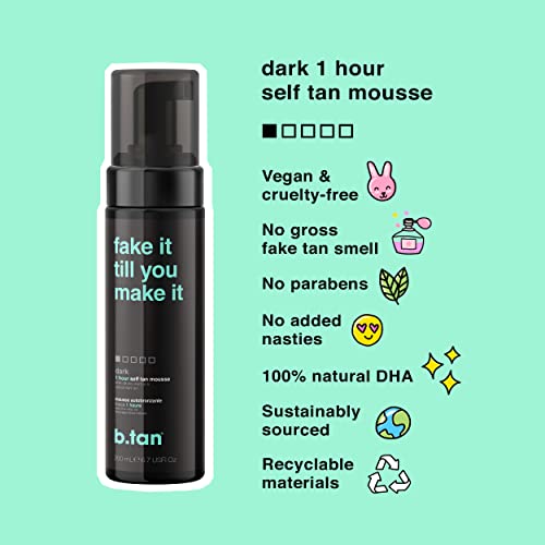 b.tan Dark Self Tanner | Fake It Till You Make It - Fast, 1 Hour Sunless Tanner Mousse, No Fake Tan Smell, No Added Nasties, Vegan, Cruelty Free, 6.7 Fl Oz