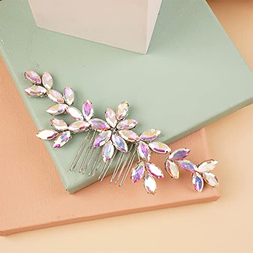 Kercisbeauty Wedding Bridal AB Crystal Hair Comb Colorful Clear Rhinestones Hair Piece for Women Girls Banquet Party (AB color)