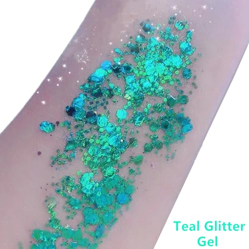 Teal Body Glitter Gel – Holographic Chunky Sequins Makeup