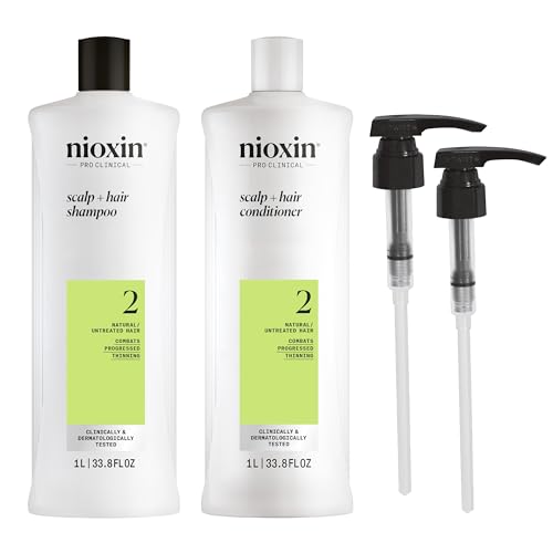 Nioxin System 2 Shampoo & Conditioner Prepack, Natural Treated Hair with Progressed Thinning, Pumps Included, 33.8 fl oz (Packaging May Vary)