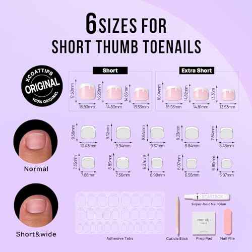 BTArtbox Press on Toenails Short, White French Tips Toenail Press Ons Square for Women, Light Weight Press on Toe Nails with Glue, Fake Toenails in 16 Sizes- 32 Toenails Kit, Timeless Grace