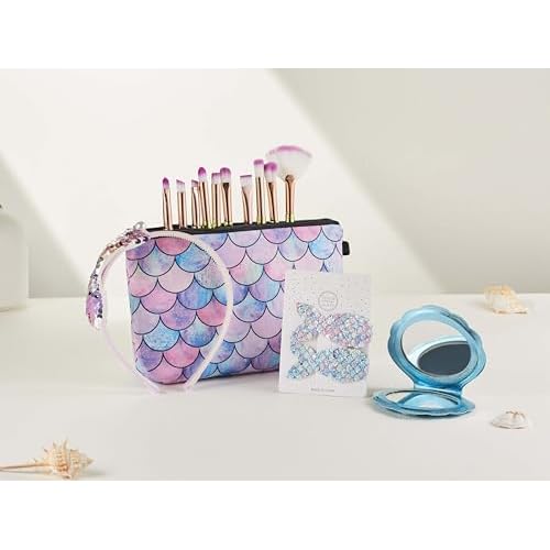 Mermaid Gifts for Girl friend, COSHINE 15pcs Unique Makeup Tools Gift Box-Mermaid Makeup Brushes, Cosmetic Bag, Head Band, Mirror and Hair Clip for Niece Daughter Her