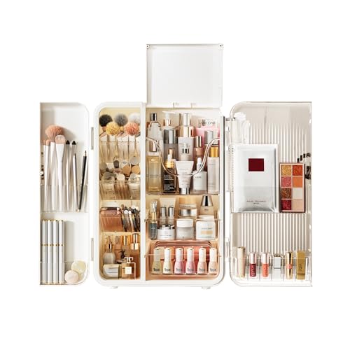 SEE SPRING Makeup Organizer for Vanity, Large Capacity Skincare Organizers and Storage with Drawers, Dustproof Cosmetic Display Case for Bathroom Countertop, Trendy Teen Girl Gifts, White